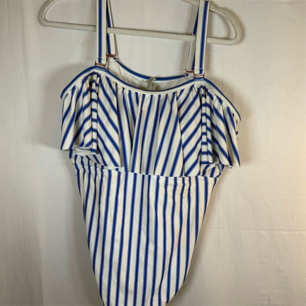 Raisins Curve One Piece Swimsuit Womens Plus Size 18 Blue & White Striped Ruffle